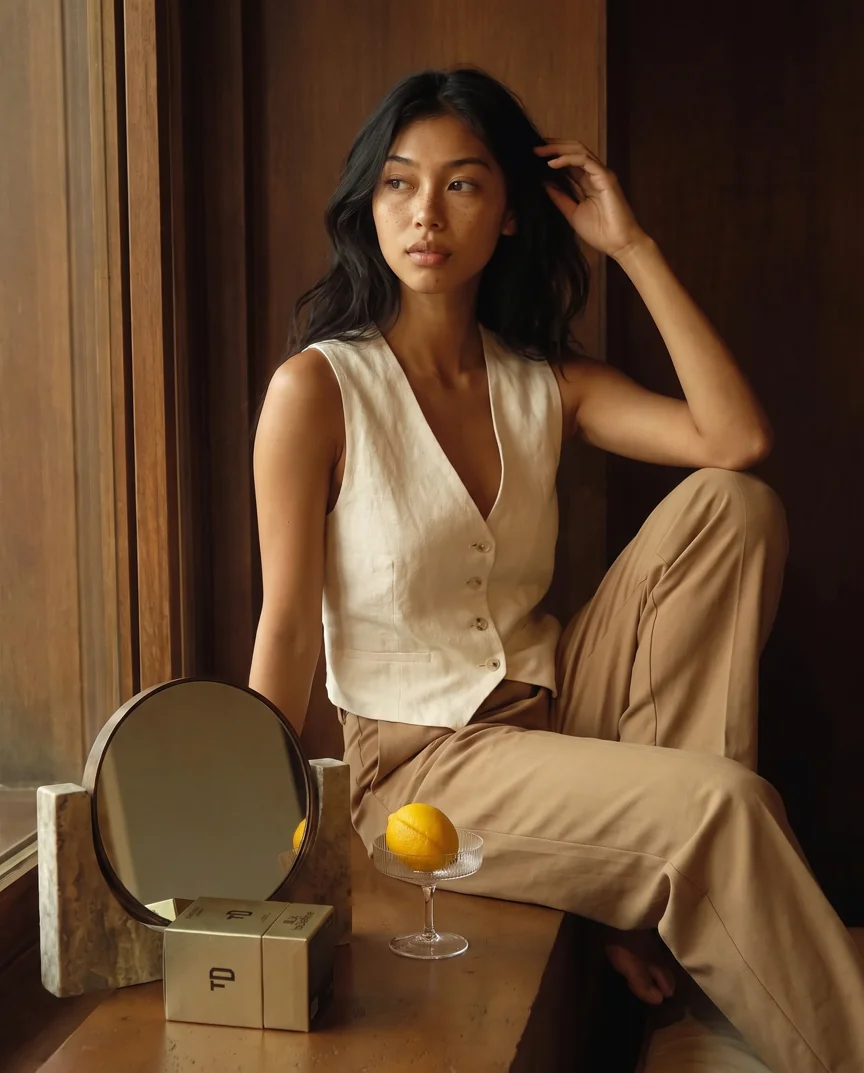 A model sits beside a window with boxed perfume, a mirror and a lemon in the foreground.